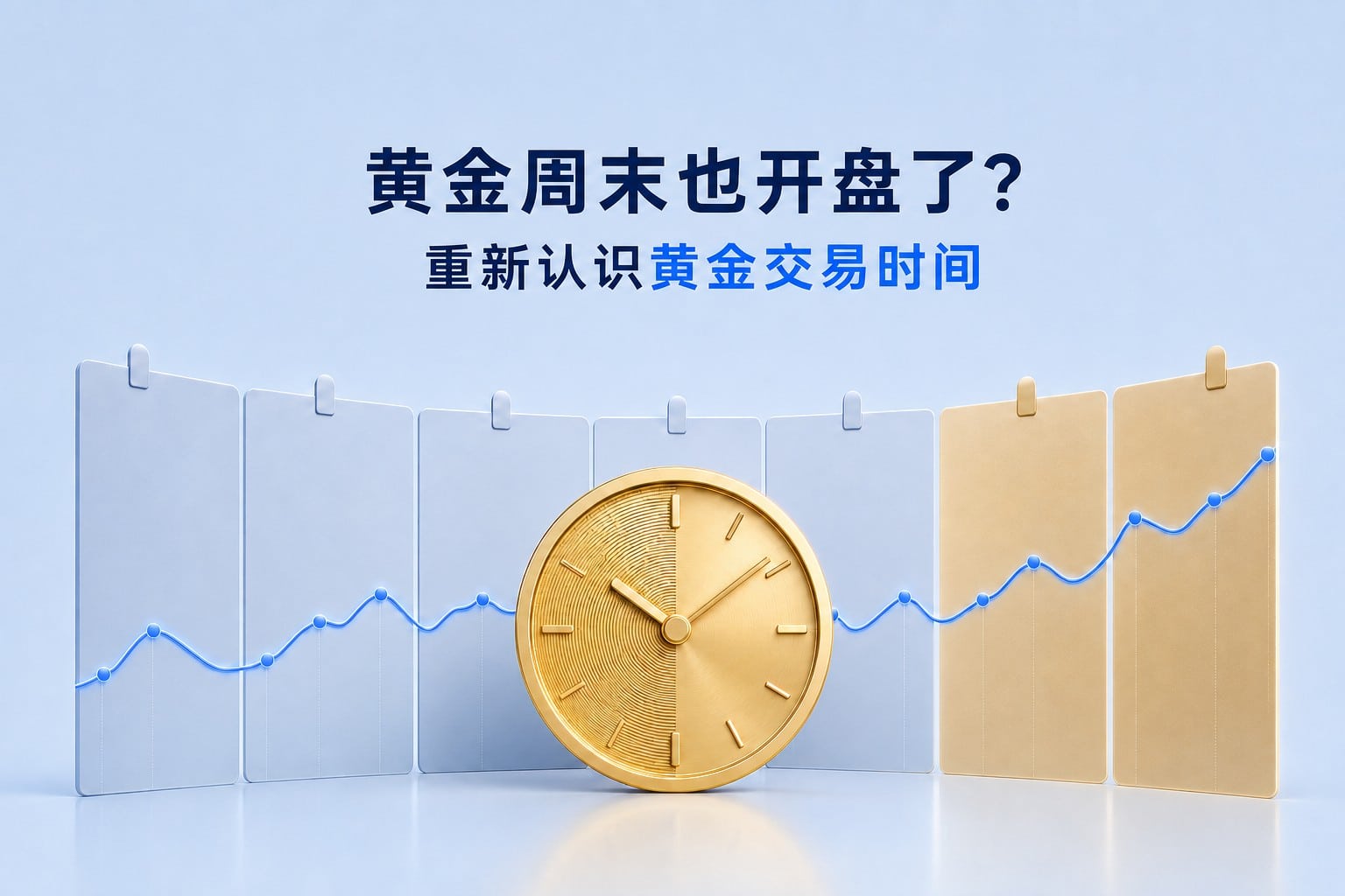 Gold trading hours illustration showing a seven-day calendar, a gold clock and continuous weekend price movement.