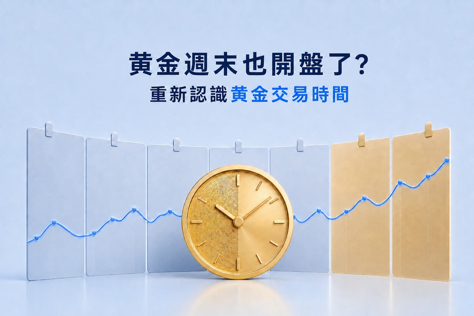 Gold trading hours illustration showing a seven-day calendar, a gold clock and continuous weekend price movement.