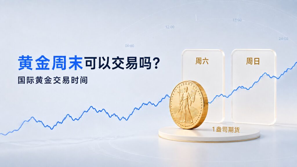 Gold weekend trading illustration featuring a one-ounce gold futures coin, highlighted Saturday and Sunday sessions, and a continuous price chart.