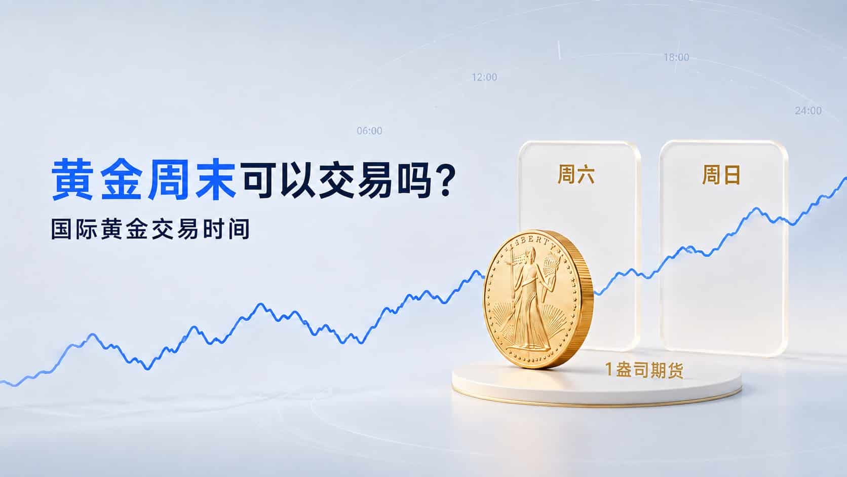 Gold weekend trading illustration featuring a one-ounce gold futures coin, highlighted Saturday and Sunday sessions, and a continuous price chart.