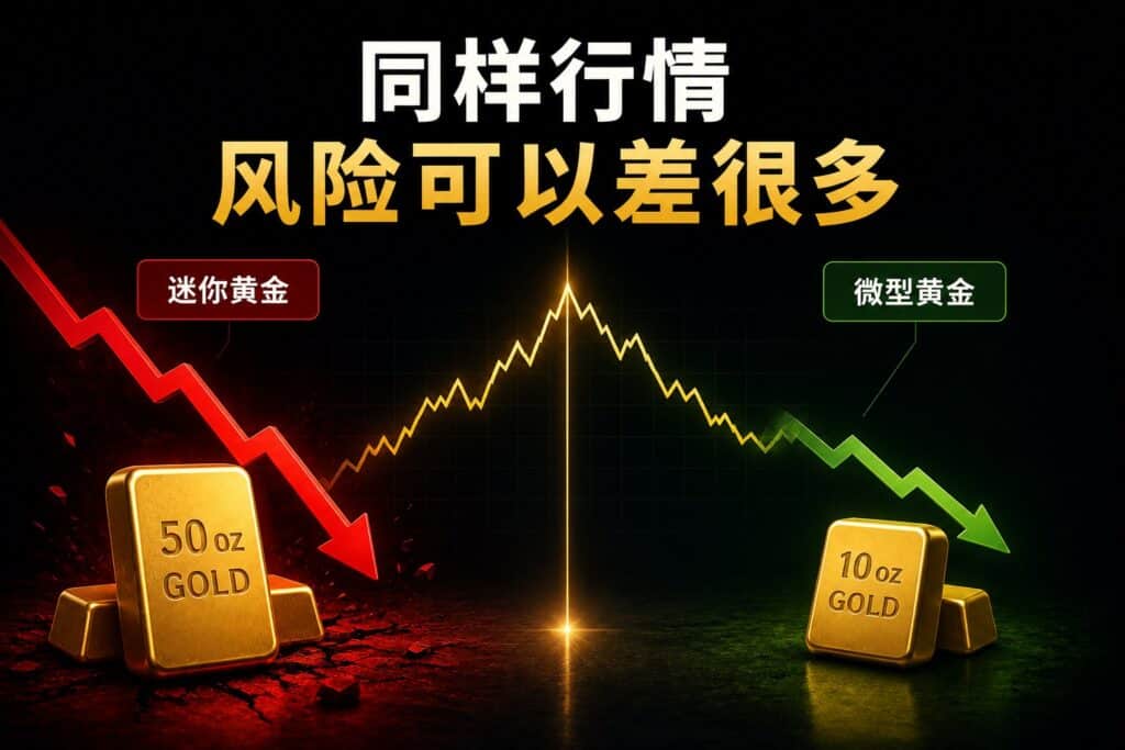 Gold mini vs micro futures showing same price movement but different risk and profit outcomes