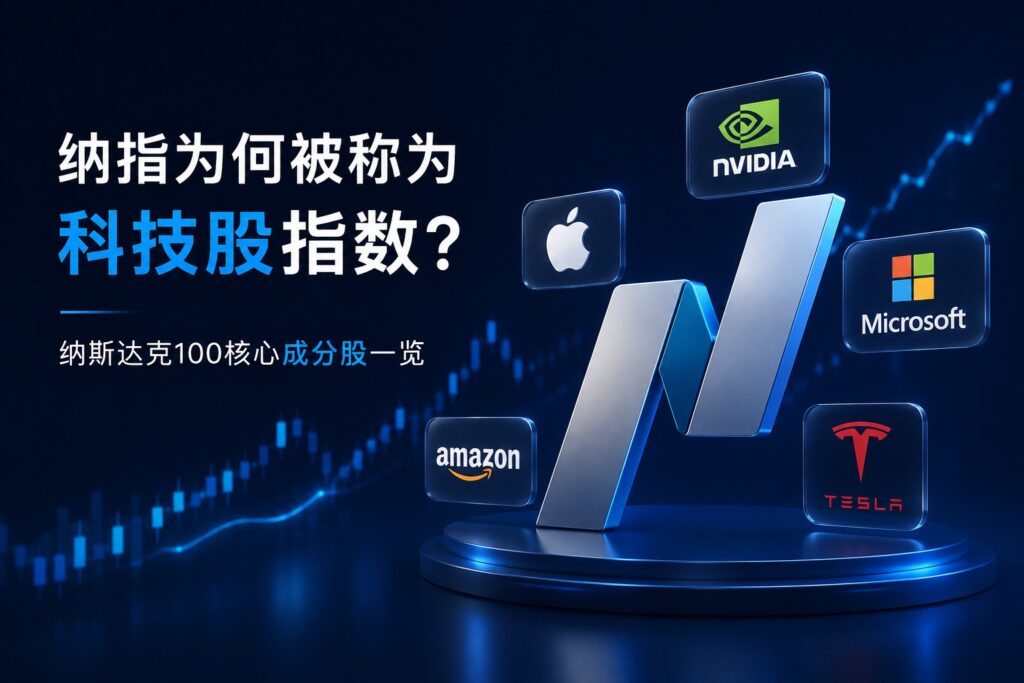 Nasdaq-100 technology stock infographic featuring NVIDIA, Apple, Microsoft, Amazon, and Tesla logos with futuristic blue financial market visuals and rising stock chart background.