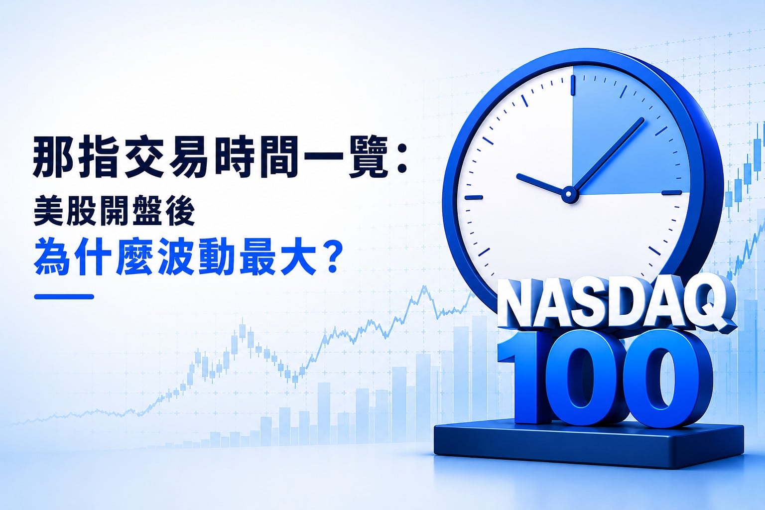 Nasdaq 100 trading hours infographic featuring a large blue clock, subtle stock market chart background, and bold Chinese headline explaining why volatility increases after the U.S. stock market opens.