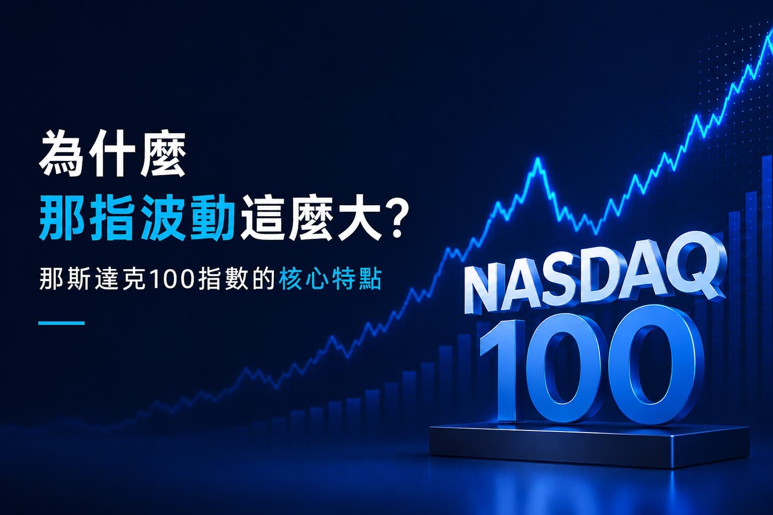 Nasdaq 100 volatility infographic with futuristic blue financial market background, rising stock chart, and 3D NASDAQ 100 typography. Traditional Chinese text highlights why the Nasdaq index is highly volatile and explains the core characteristics of the Nasdaq 100.