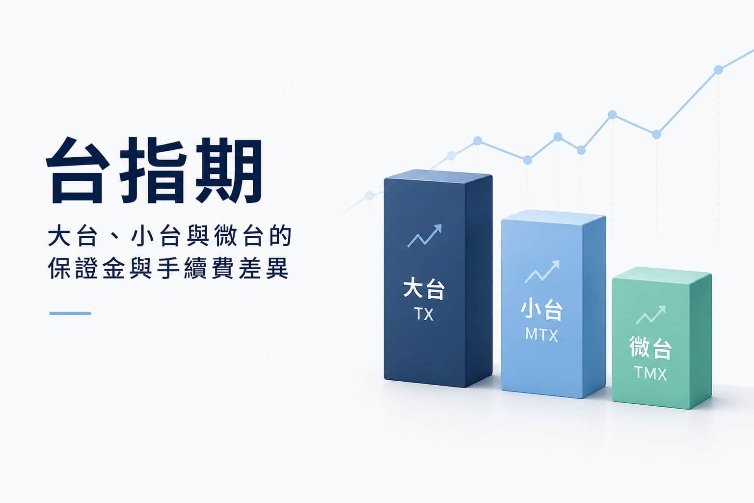 Minimalist cover design for Taiwan index futures, comparing margin requirements and trading fees between large, mini, and micro Taiwan index futures contracts with modern 3D financial chart elements.