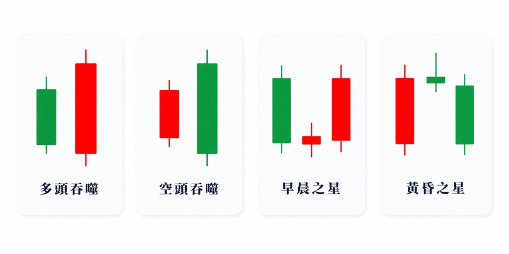 Examples of multi-candle candlestick patterns, including bullish engulfing, bearish engulfing, morning star and evening star formations.