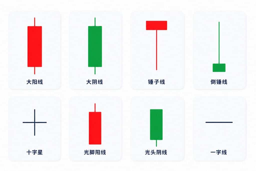 Overview of common single candlestick patterns, including bullish candles, bearish candles, hammer, inverted hammer, doji and marubozu formations.