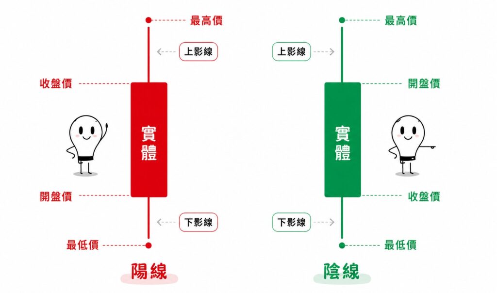 Candlestick chart anatomy showing bullish and bearish candles, including the body, upper wick, lower wick, open, close, high and low prices.