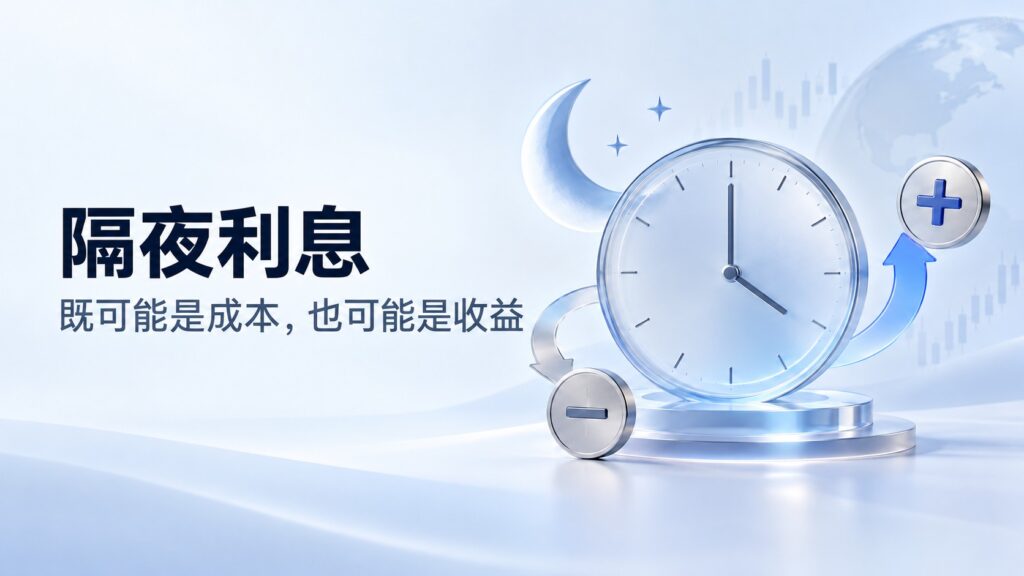 Clock, crescent moon and plus and minus symbols illustrating overnight interest as a cost or income in forex and CFD trading.