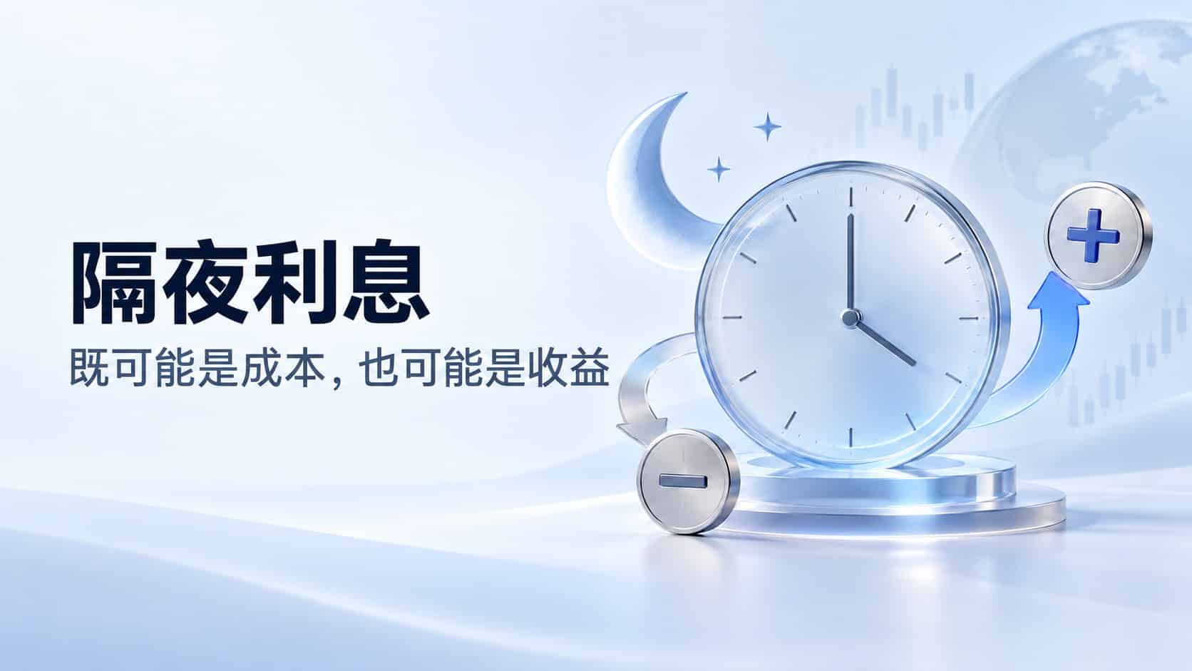 Clock, crescent moon and plus and minus symbols illustrating overnight interest as a cost or income in forex and CFD trading.